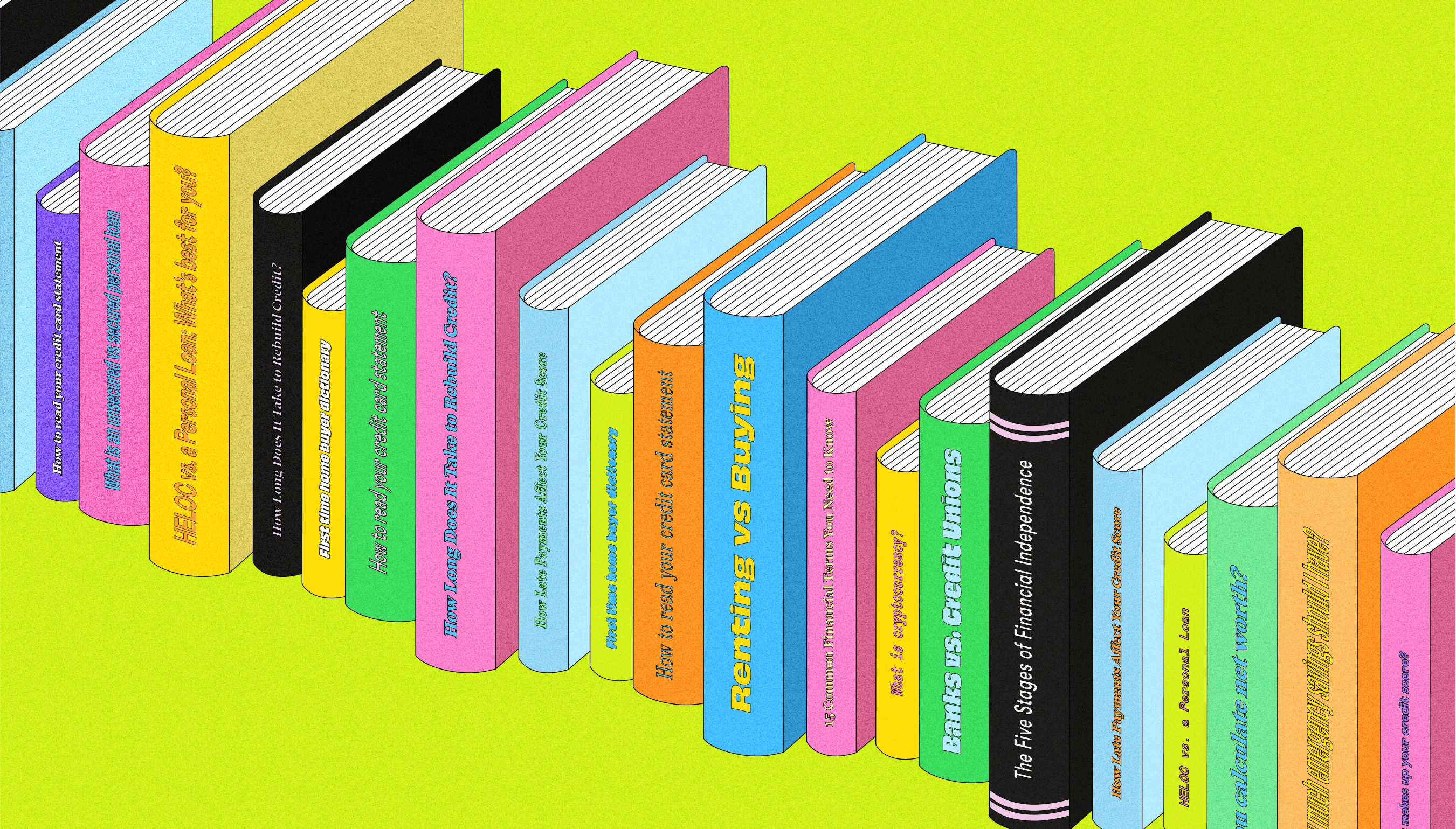 Illustration of a row of colorful books with spine titles on personal finance topics like renting vs buying, credit unions and net worth, against a lime green background