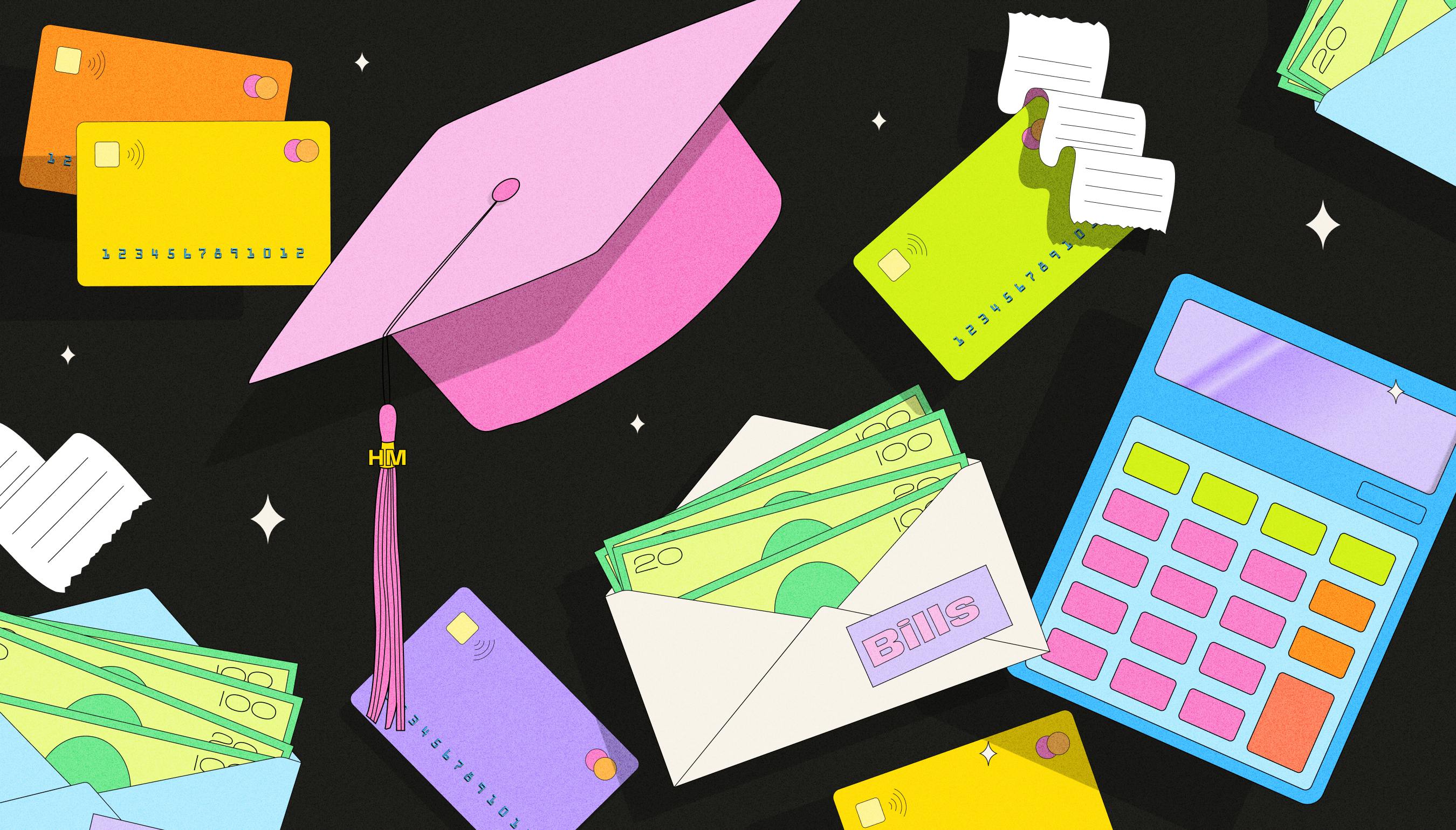 Illustration of credit cards, cash, receipts, a calculator, envelopes marked 'bills' and a graduation cap with an HM tassel scattered against a black background