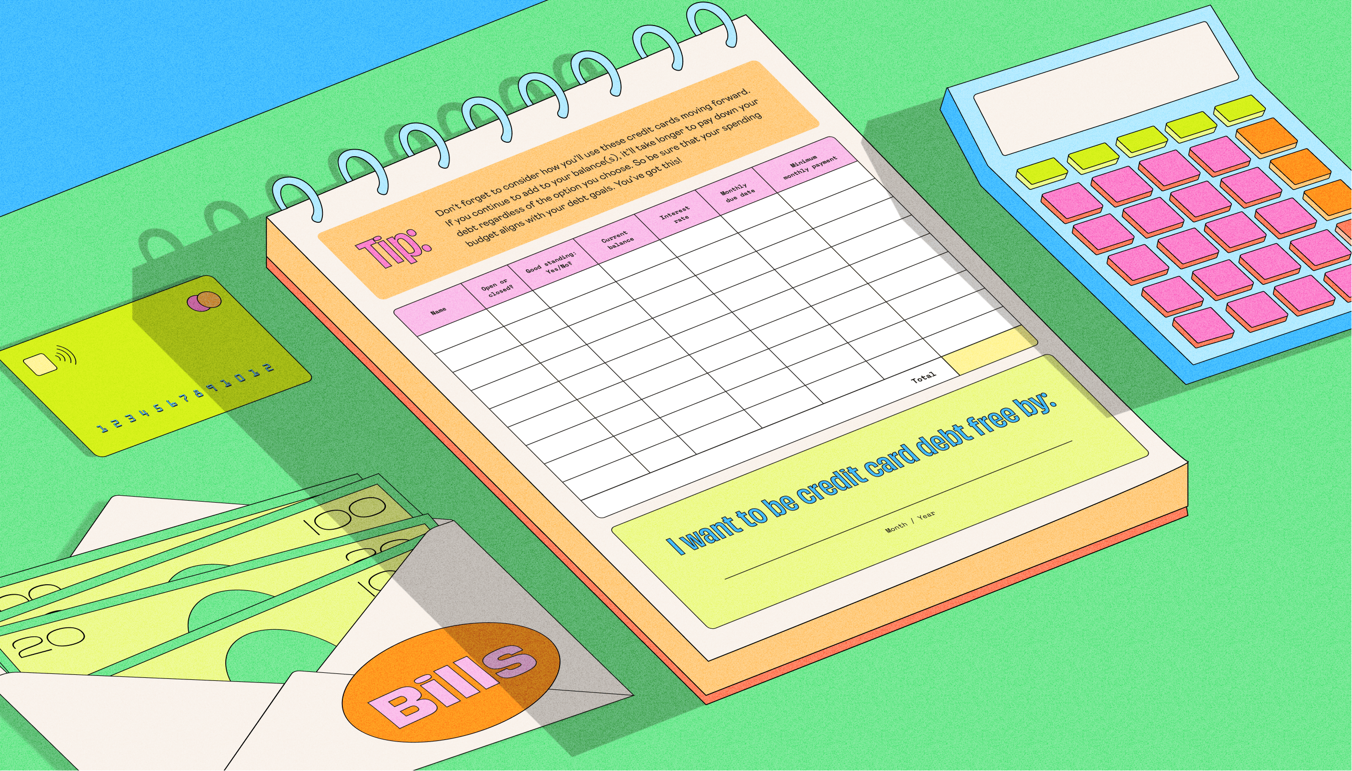 Illustration of a debt payoff planner with a credit card tracking table, a calculator, a credit card, cash and a bills envelope, representing organizing your finances on a calendar