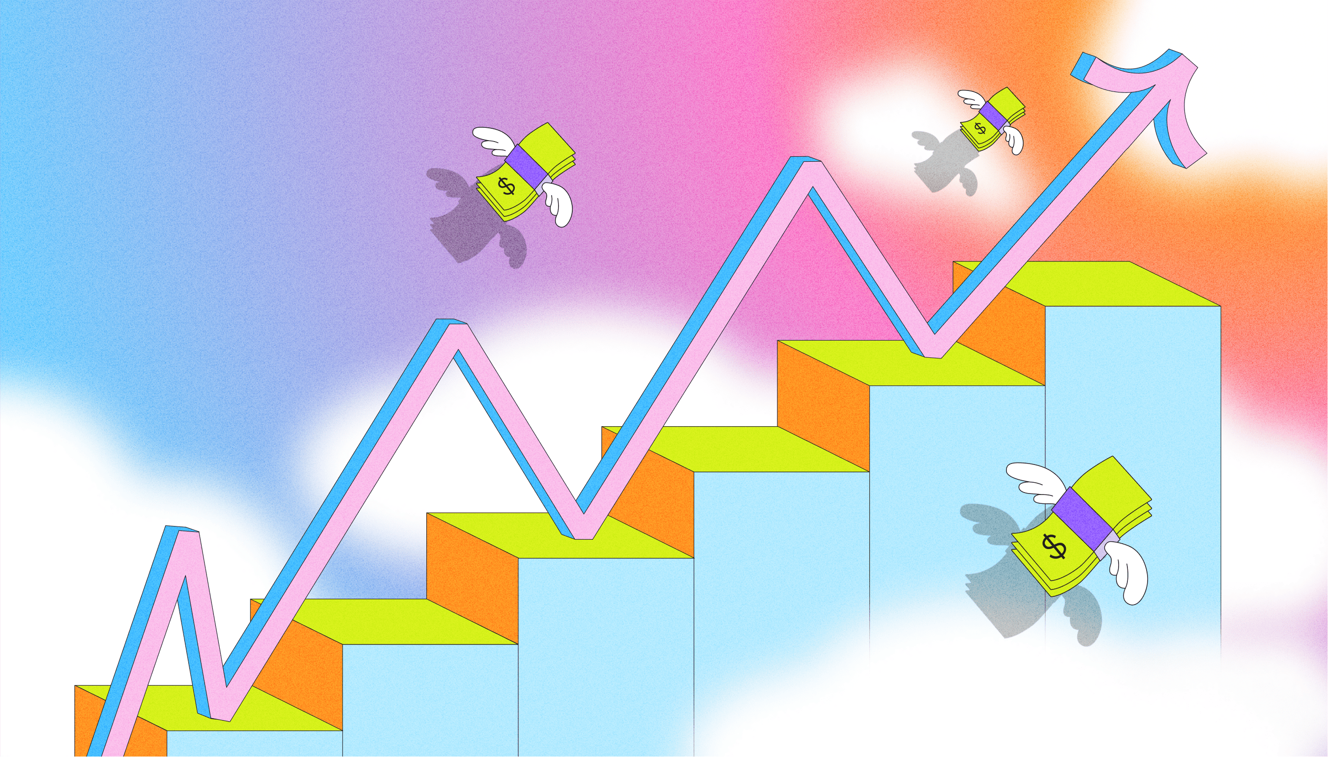 Illustration of a jagged arrow climbing up a staircase against a cloudy sky, with winged stacks of money flying alongside, representing budgeting through irregular income